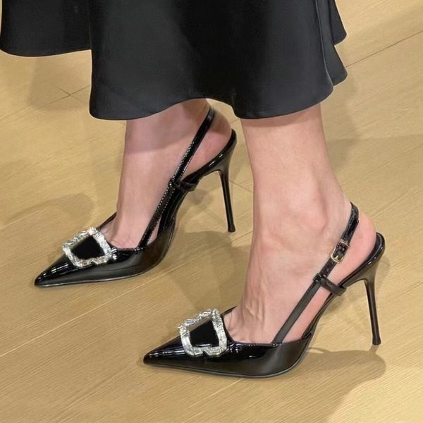 Crystal Inlay Pointed High Heels Patent Leather Evening Dress Shoes Metal Buckle Stiletto Sandals Luxury Designer Shoes factory footwear Siz