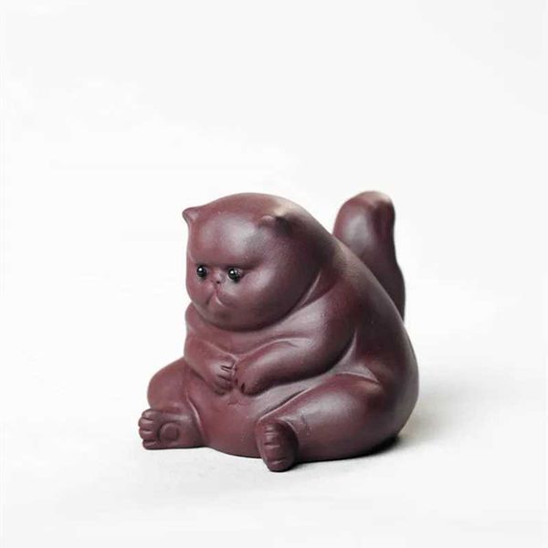 Yixing Handmade Purple Clay Tea Pet Fat Cat Sculpture Handmade Decoration Chinese Tea Table Kung Fu Tea Set W240815