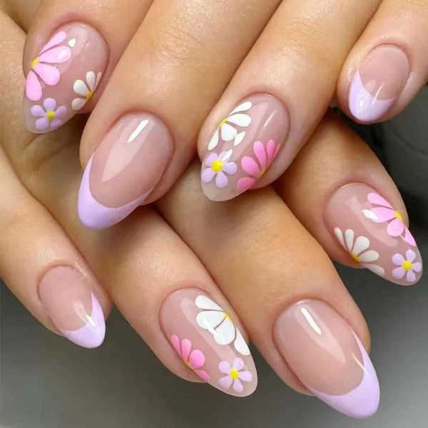24Pcs Pink Flower Short Almond Press-on Nails Set Glossy Acrylic Full Cover Fake Nails with Glue Art Stick on For Women Girls Y240808