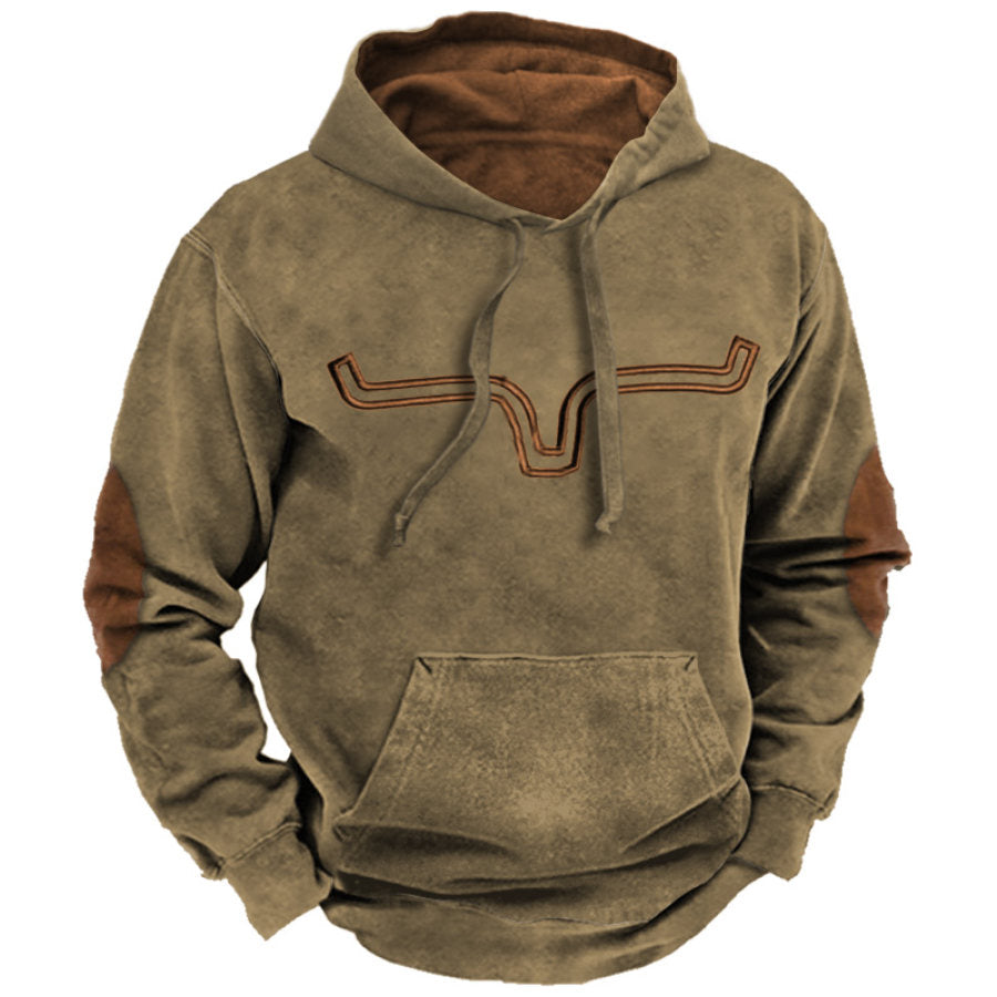 Men's Vintage Western Denim Color Block Hoodie