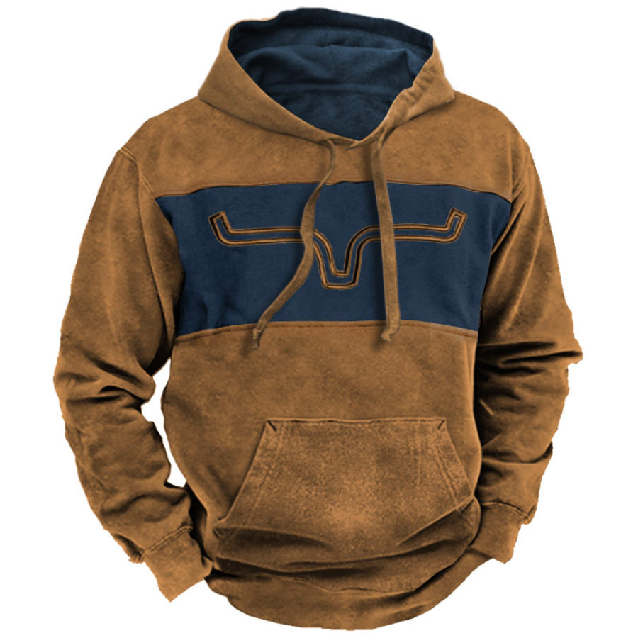 Men's Vintage Western Denim Panel Color Block Hoodie