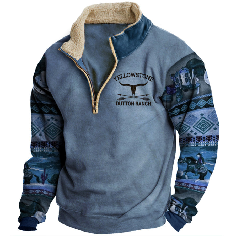 Men's Aztec Hoodie Vintage Western Yellowstone Colorblock Zipper Stand Collar Sweatshirt