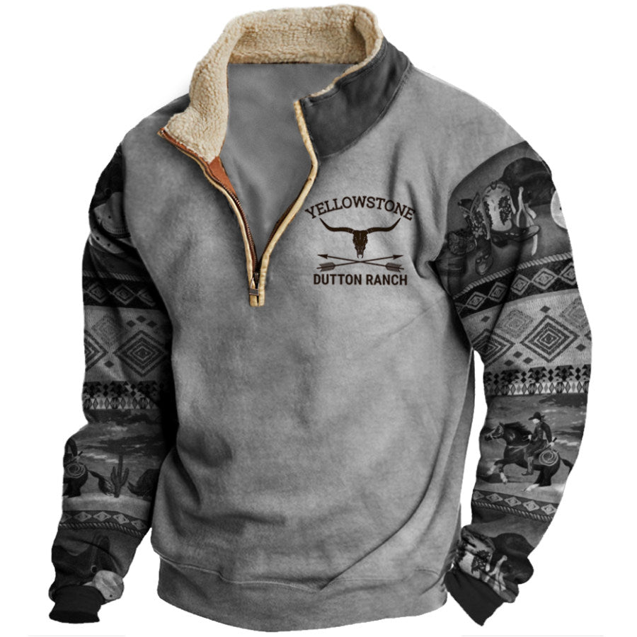 Men's Aztec Hoodie Vintage Western Yellowstone Colorblock Zipper Stand Collar Sweatshirt