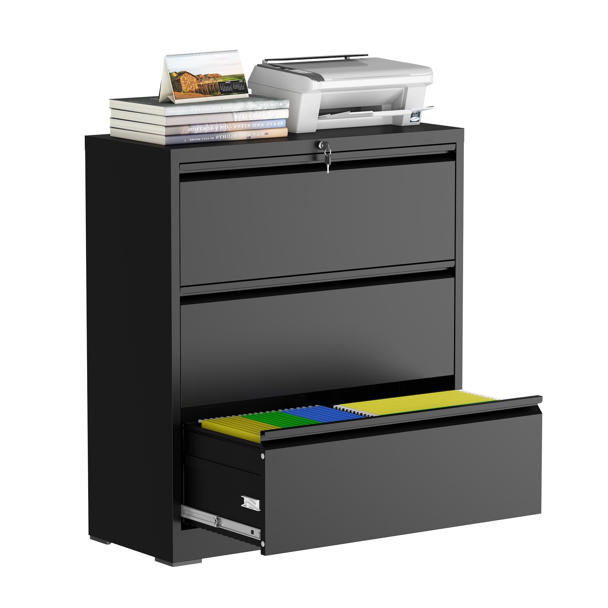 Garvee 3 Drawer Lateral File Cabinet, Metal Filing Cabinet with Lock for Home Office, Wide Steel Storage Cabinet Commercial Drawer Cabinets for Legal-