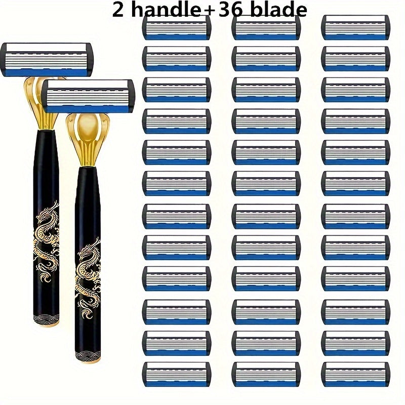 TEMU 2 Handles+36 Blades Manual Shaver, Men's Shaver, Anti Slip Handle, Men's Shaving Tools, Perfect Gift For Valentine's Day