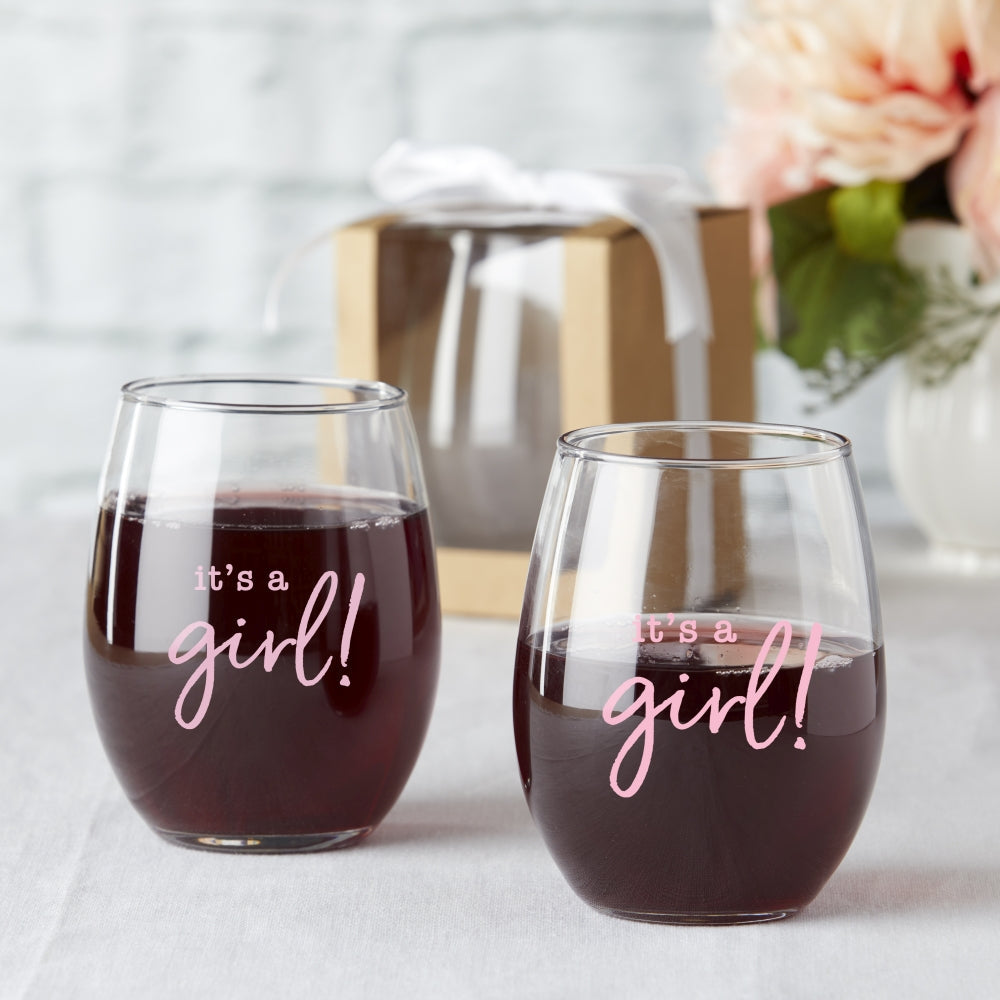 9 oz. Stemless Wine Glass - It's a Girl! (Set of 12)