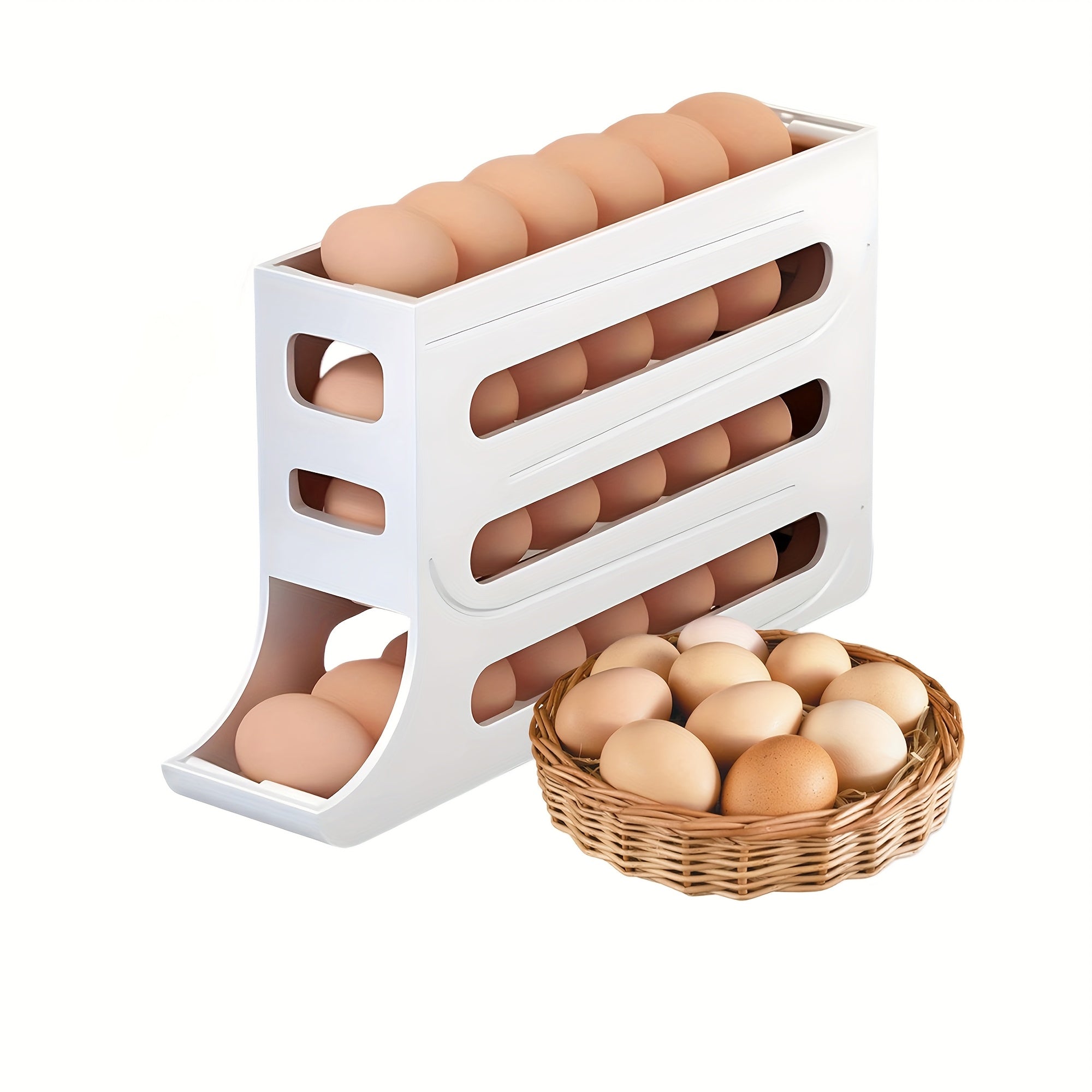 TEMU 30 Storage Box Refrigerator Organizer, Automatic Rolling Dispenser, Space-saving 4-layer Large Capacity Rack