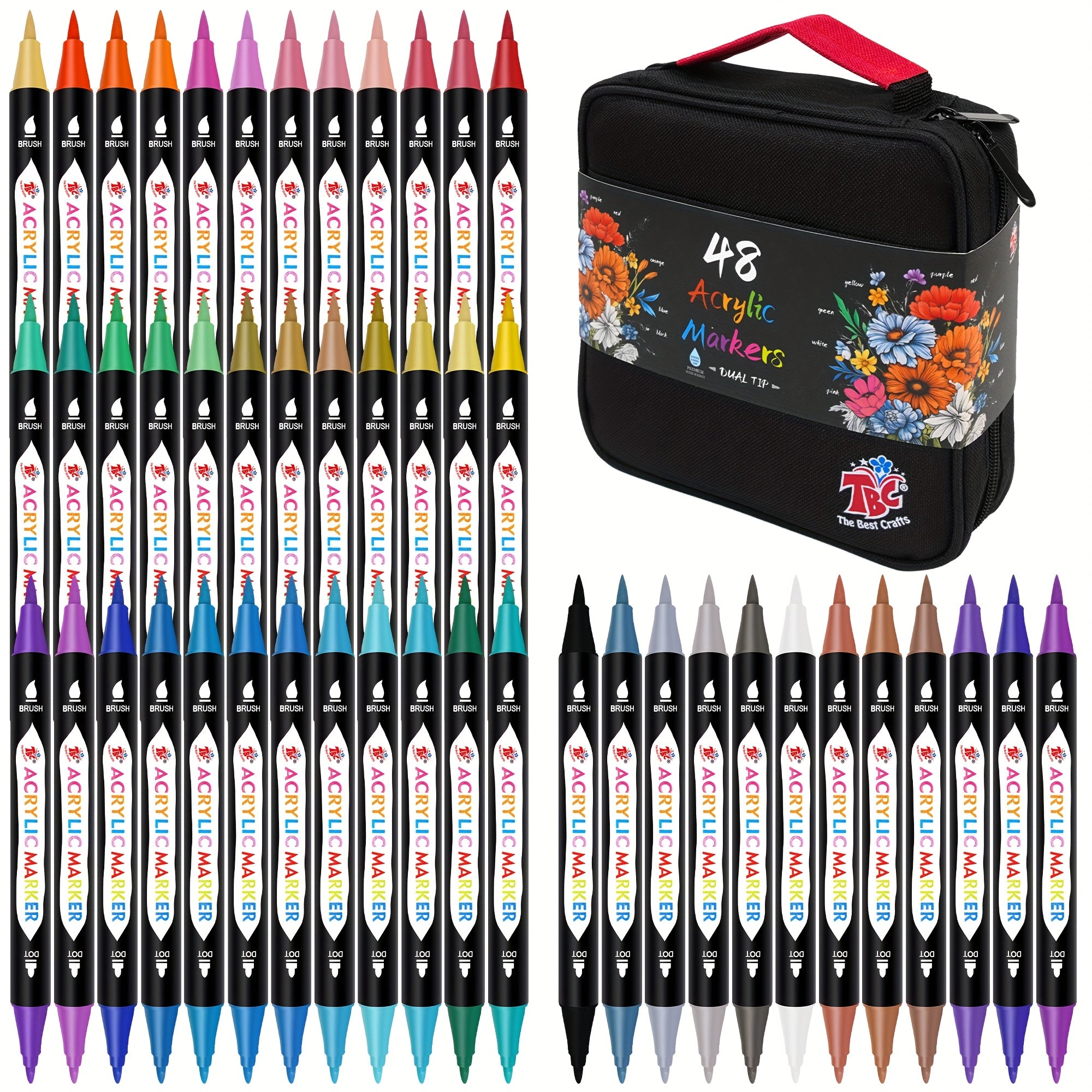 TEMU Tbc The Best Crafts 48-72 Dual Tip Acrylic Paint Markers, Double Zipper Design Canvas Bag, Waterproof, Non-toxic, , Suitable For Paper, Pottery,