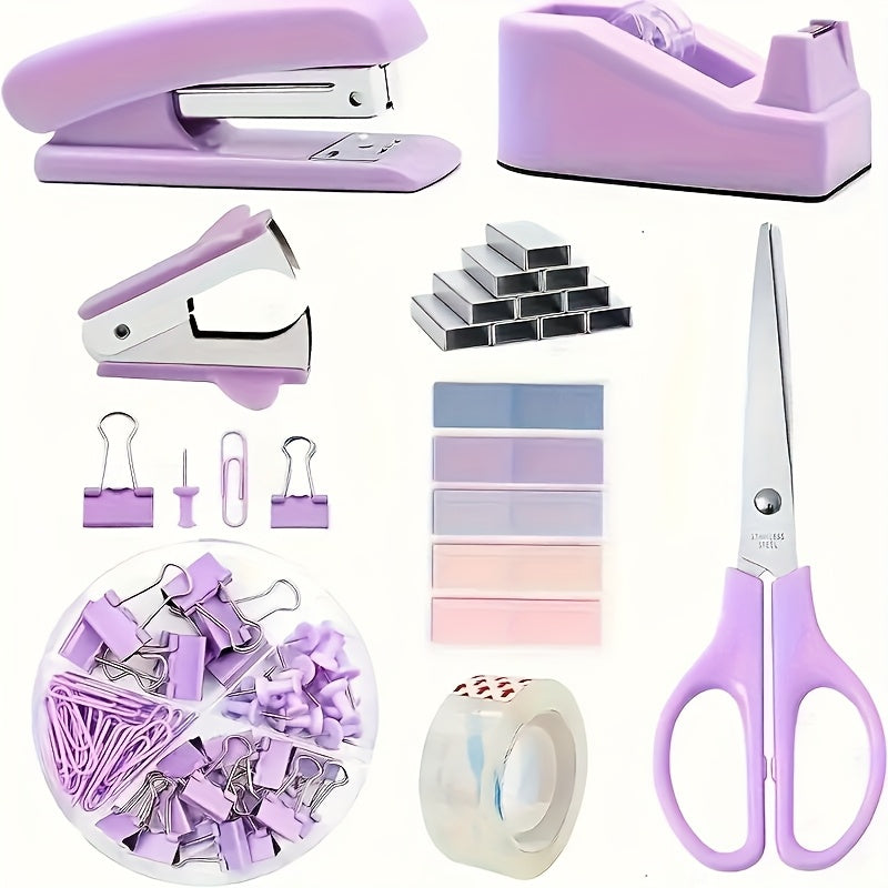 TEMU A Set Of 11pcs Desk Accessories - Manual Desktop Wire Clips, Tape Dispensers, Index Tags, Scissors, And Purple, Green, And Rose-colored Clips.[