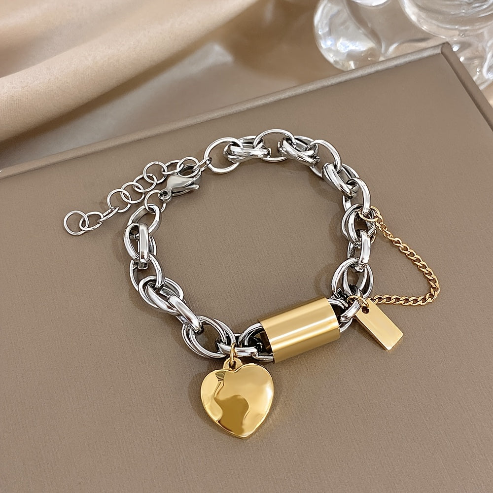 TEMU Punk Chunky Golden & Silveryy Stainless Steel Bracelets - With Thick Chain, Heart Love Pendant, And Clasp Closure