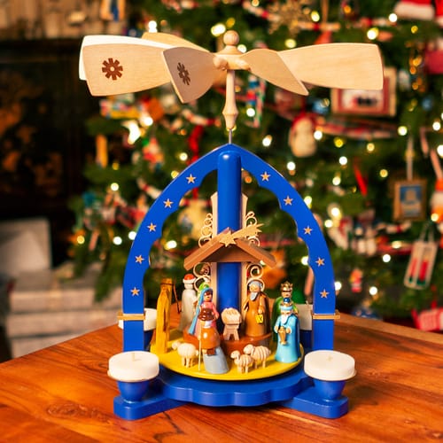 Traditional German Nativity Candleholder in Blue