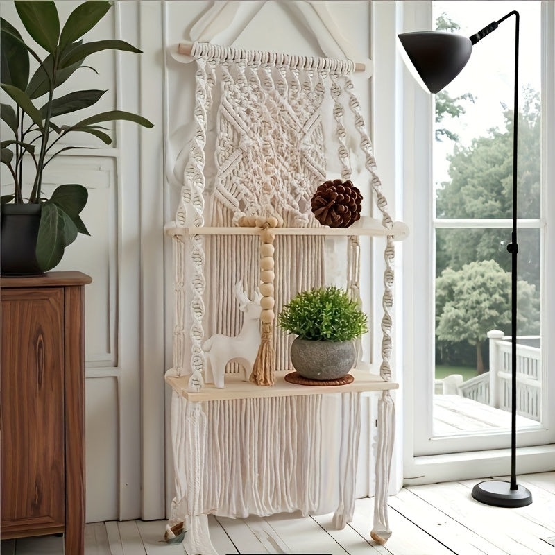 TEMU Handcrafted Bohemian Macramé Rope Wall Hanger - 2-tier Rustic Wood-finish Storage Shelf With White Rope Ladder, Space-saving Vertical Organizer