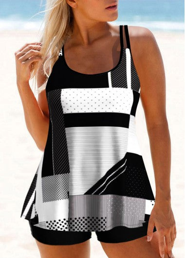 Modlily Black Geometric Print Double Straps Tankini Top - XXL