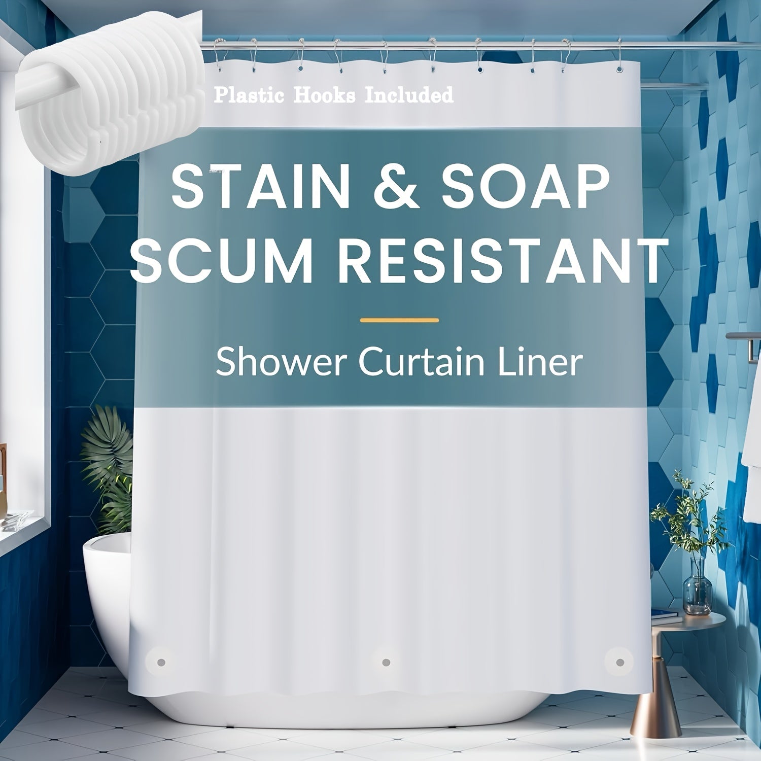 TEMU 1pc Lightweight Shower Curtain Liner With Weighted Magnets And Metal Grommets Plastic Hooks Included 71x71inch Bath Curtain Bathroom Curtain