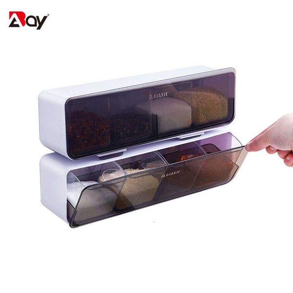 Box Seldhesive Wall Mounted Seasoning with Cover and Spoon Kitchen Salt Jar Storage Container for Spice Sugar Tool