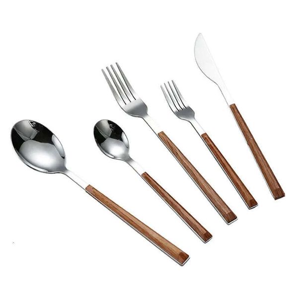 Steel Stainless 5 Pcs-Set Wood Grain Dinnerware Knife Fork Spoon Teaspoon Cutlery Set Tableware Flatware Jy1230
