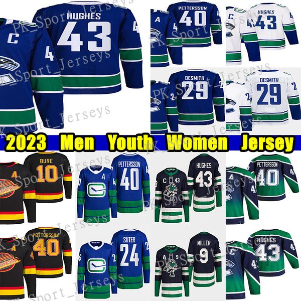 #43 Quinn Hughes hockey jersey #40 Elias Pettersson Brock Boeser Andrei Kuzmenko Casey DeSmith Trevor Linden J.T. Miller Pavel Bure Custom M