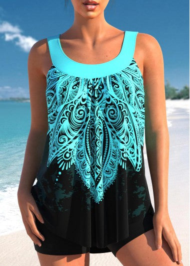 Modlily Cyan Tribal Print Wide Strap Tankini Set - M