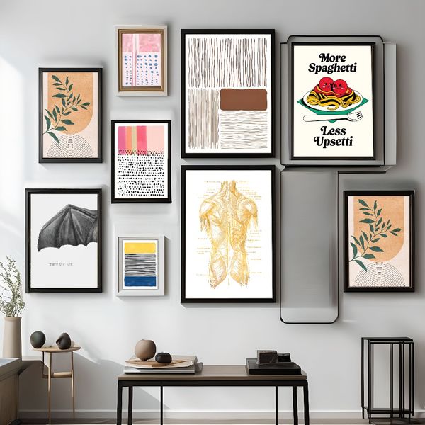 2 pieces Wooden Framed Canvas Poster Coffee and pasta, simple art, funny, vivid Creative Waterproof Canvas Posters, Bedroom, Office