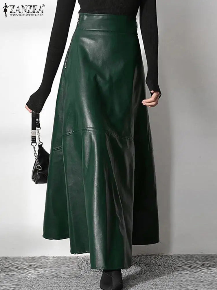 Fashion Solid Womens Folding ZANZEA PU Leather Maxi Skirts Womens Elegant OL Long Waist Casual High Waist Zipper Jupe Femme 250211