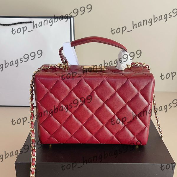 Soft Lambskin Makeup Vanity Box Bags Top Leather Chain Metal Handle Matelasse Chain Crossbody Card Holder Lipstick Cosmetic Case Purse 20x13