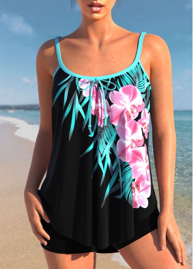 Modlily Floral Print Black Bowknot Tankini Top - S