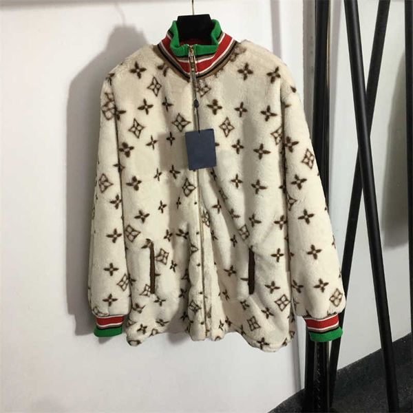 designer jacket women winter jackets Colorblock webbing stand collar plush coat Fashion printing Splicing design women clothes