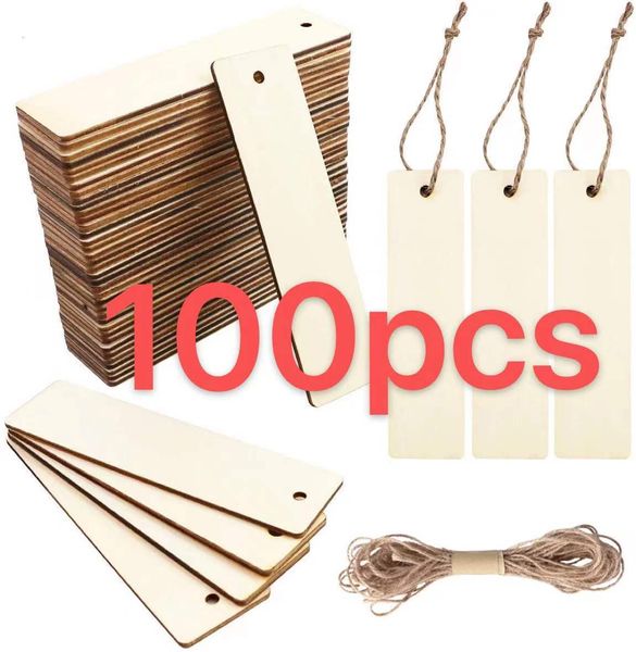 Bookmark Wood Blank Bookmarks Rectangle Shape Hanging Tags Unfinished Wooden Book Markers Ornaments with Holes and Ropes for DIY Crafts 2307