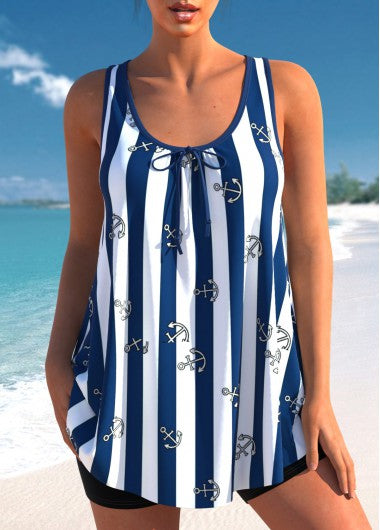 Modlily Striped Navy Blue Bowknot Nautical Print Wide Strape Tankini Top - L