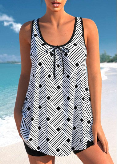 Modlily Striped Geometric Print Black Bowknot Tankini Top - S