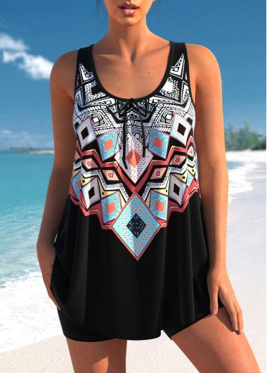 Modlily Tribal Print Black Bowknot Tankini Top - S