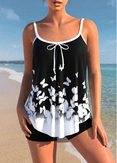 Modlily Butterfly Print Black Bowknot Tankini Top - S