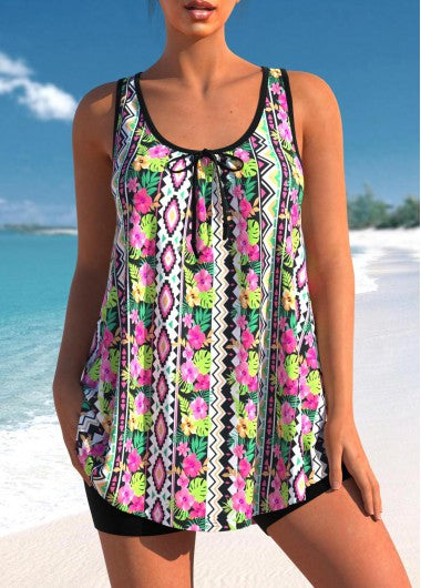 Modlily Floral Geometric Print Multi Color Tankini Top - M
