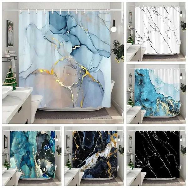 Blue Gold Textured Marble Shower Curtain Black White Natural Art Pattern Polyester Fabric Washable Shower Curtain Bathroom Decor M240824
