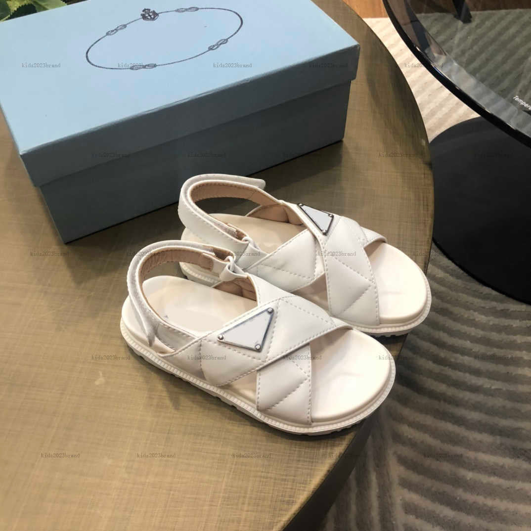 New designer kids shoes high quality baby Sandals Size 26-35 Metal geometric logo decoration girl Slippers Box Packaging