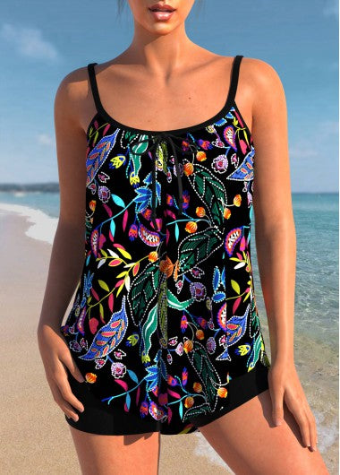 Modlily Floral Print Black Spaghetti Strap Tankini Set - S