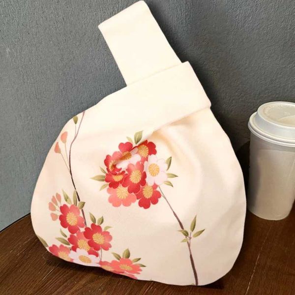 Japanese knot wrist bag handmade retro handbag portable mini printed flower bucket large capacity folding party bag Y241106