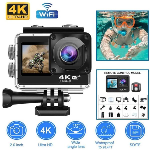 Sports Action Video Cameras 4K 60F Action Camera Dual Screen 2-inch WIFI HD Camera Bicycle Motorcycle Helmet Camera Waterproof Sports Video