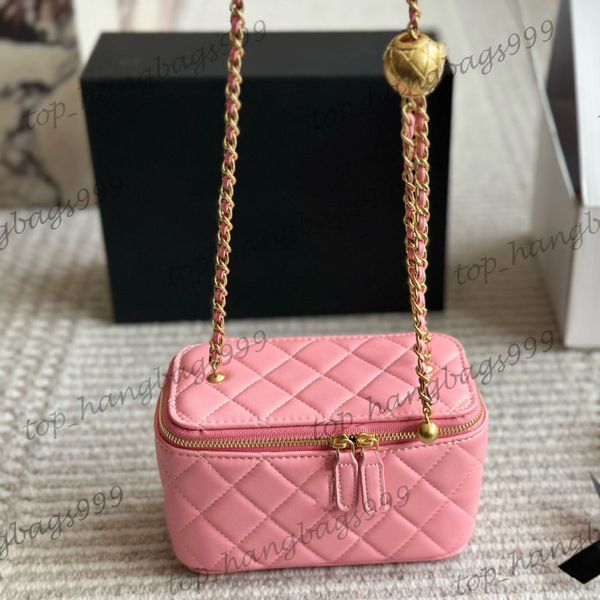 23P Lambskin Gold Silver Ball Mini Women Cosmetic Case Vanity Box Bags With Mirror Diamond Lattice Real Leather Adjustable Chain Fanny Pack