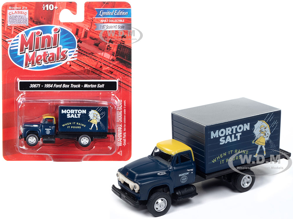 1954 Ford Box Truck Dark Blue with Yellow Top "Morton Salt" "Mini Metals" Series 1-87 (HO) Scale Model Car by Classic Metal Works