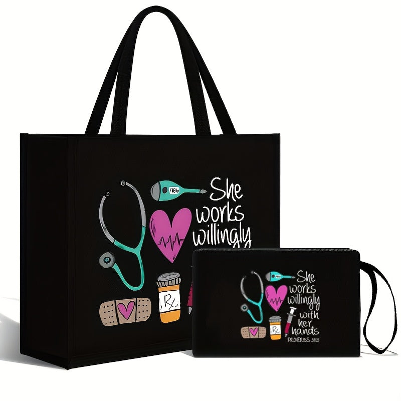 TEMU Women's Nurse Tote & Cosmetic Bag Set - -themed Nursing Gifts With Stethoscope & Heart Monitor Print, Closure, Foldable Nylon Fabric Handbag