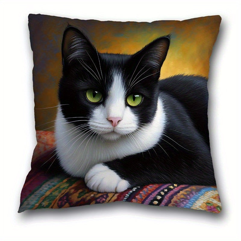 TEMU 1pc Bohemian Style Cat Print Plush Pillowcase 17.7"x17.7" – Black & White Tuxedo Cat With , Warm- Background, Polyester Cover, Zipper Closure,