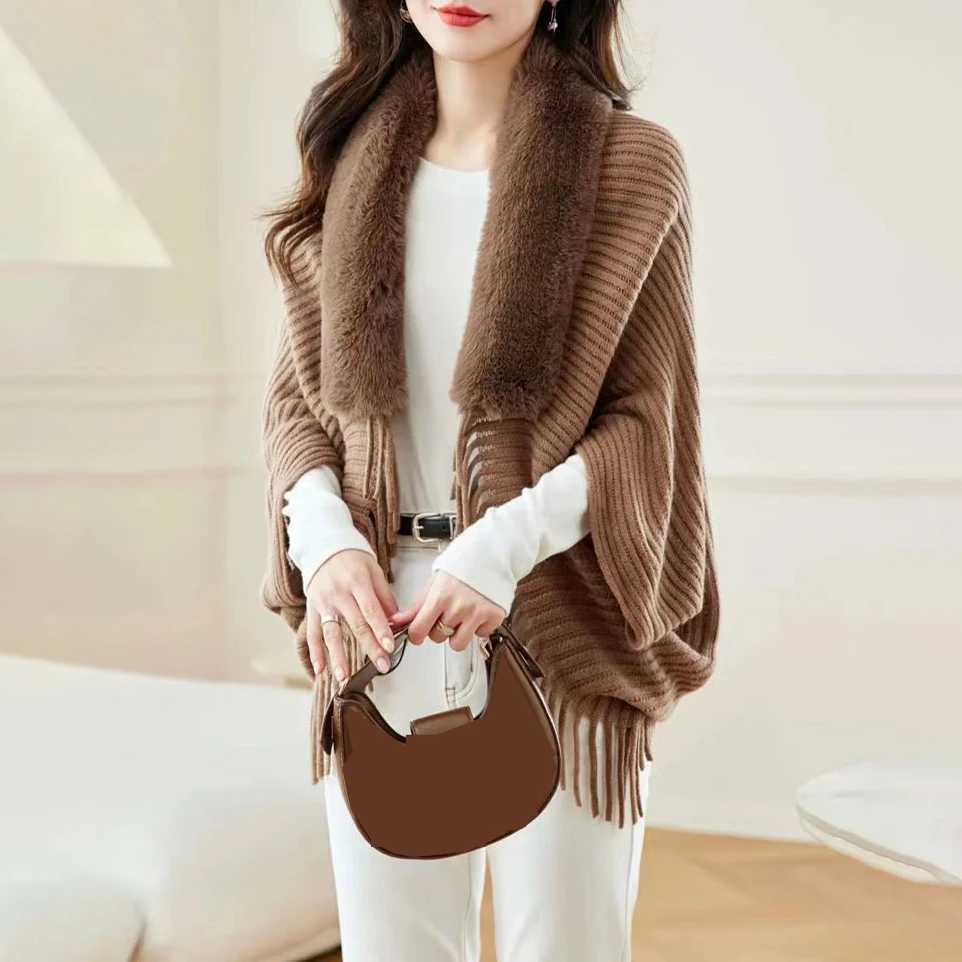 Womens Raincoat Spring Automatic Wool Knitted Artificial Fur Collar Tassel Shawl Cloak Elegant Loose High Quality Wrap Open Collar Warm Coat W240921