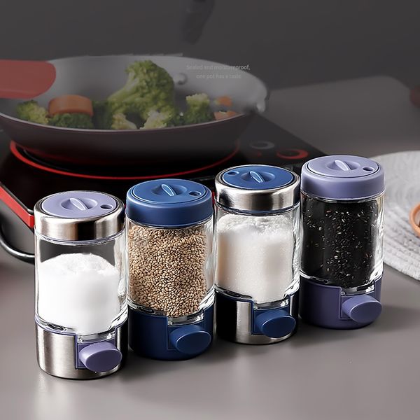 304 stainless steel glass seasoning control salt shaker pressing quantitative seasoning jar Sealed seasoning box salt jar