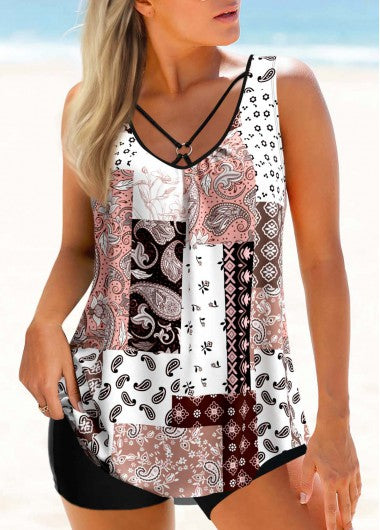 Modlily Pink Tribal Print Ring Detail Tankini Set - XL