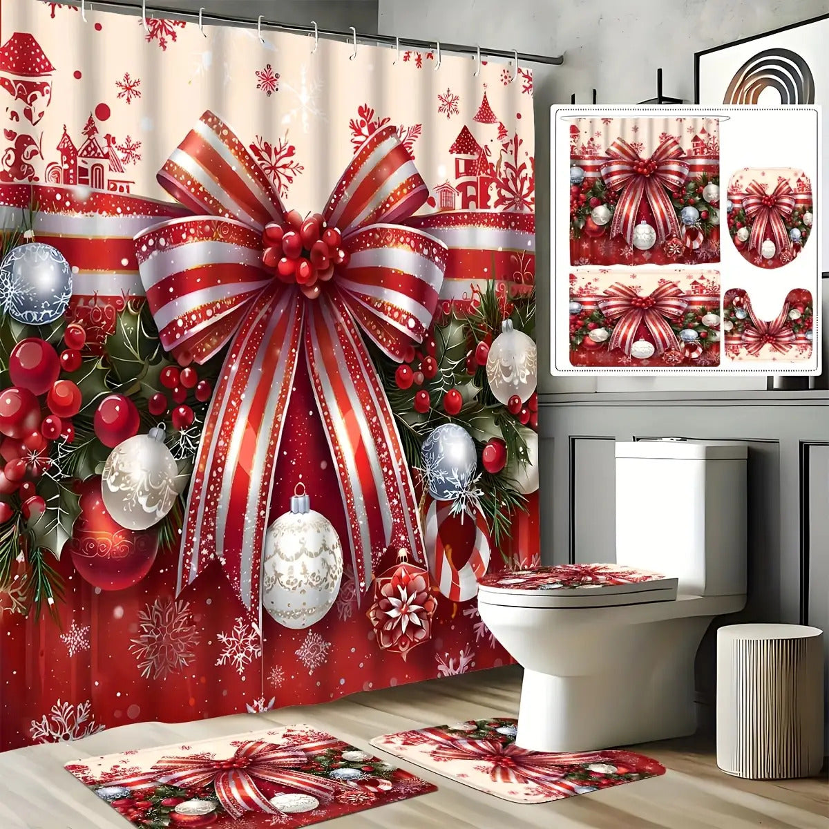 TEMU 1pc Shower Curtain, 4pcs Set Includ Ushaped, Toilet, Highquality Shower Curtain With Durable Hooks | Exquisite Bathroom Decoration And