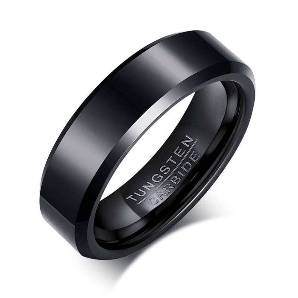 Tungsten Carbide Mirrored Polished Plain Comfort Fit Ring - Black - Size 10