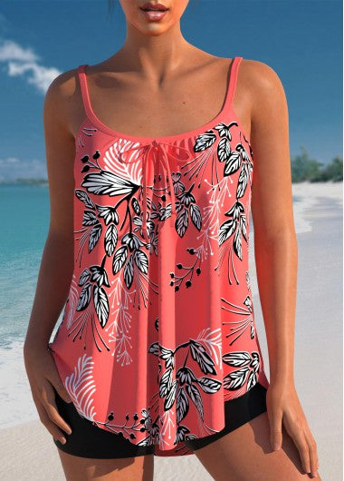 Modlily Bowknot Leaf Print Coral Red Tankini Top - XXL