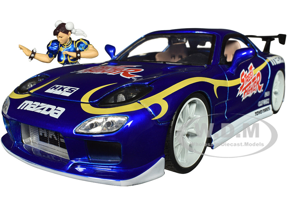 1993 Mazda RX-7 Candy Blue Metallic with Graphics and Chun-Li Diecast Figure "Street Fighter" Video Game "Anime Hollywood Rides" Series 1-24 Diecast