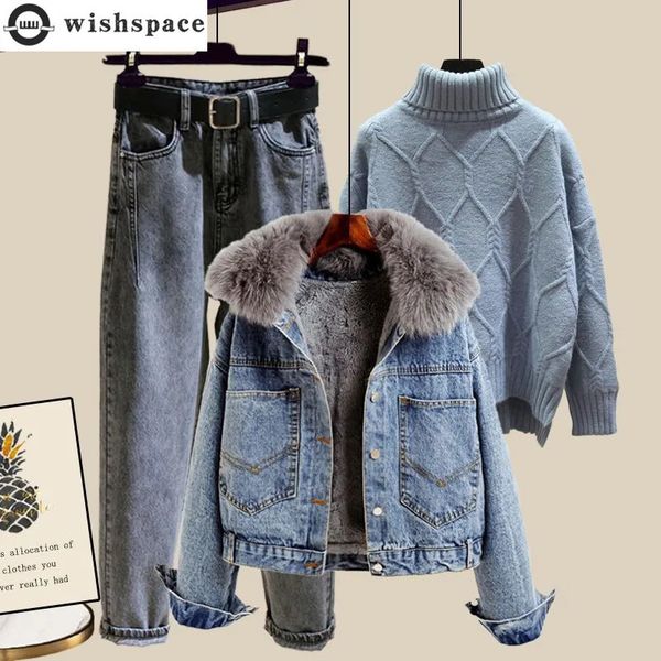 Korean Winter Plush Thickened Wool Collar Denim Jacket Knitted Sweater Loose Jeans Three Piece Elegant Womens Pants Set 241021